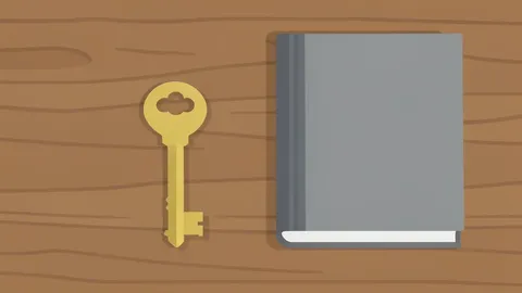 A single house key resting on a wooden table next to a closed book