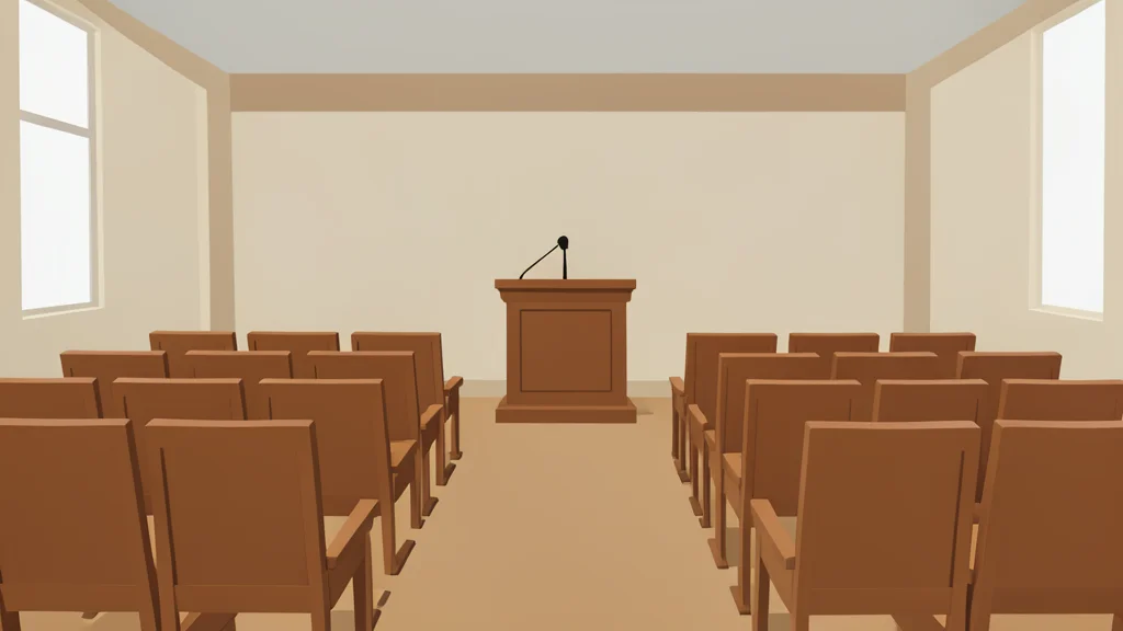 A quiet university lecture hall with rows of empty wooden chairs and a podium