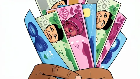 A stack of paper currency notes and a calculator on a wooden desk