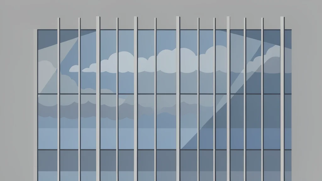 A modern glass office building facade reflecting a cloudy sky