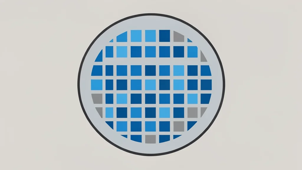 A close-up view of a silicon wafer featuring a precise grid of square chips.