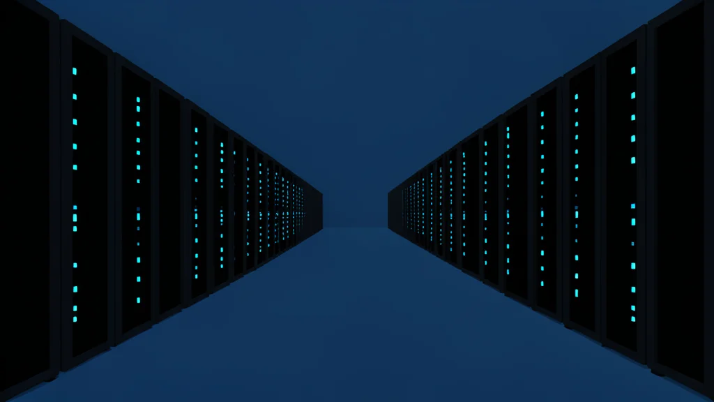 A vast, dimly lit server room with rows of black rectangular units featuring glowing blue status lights