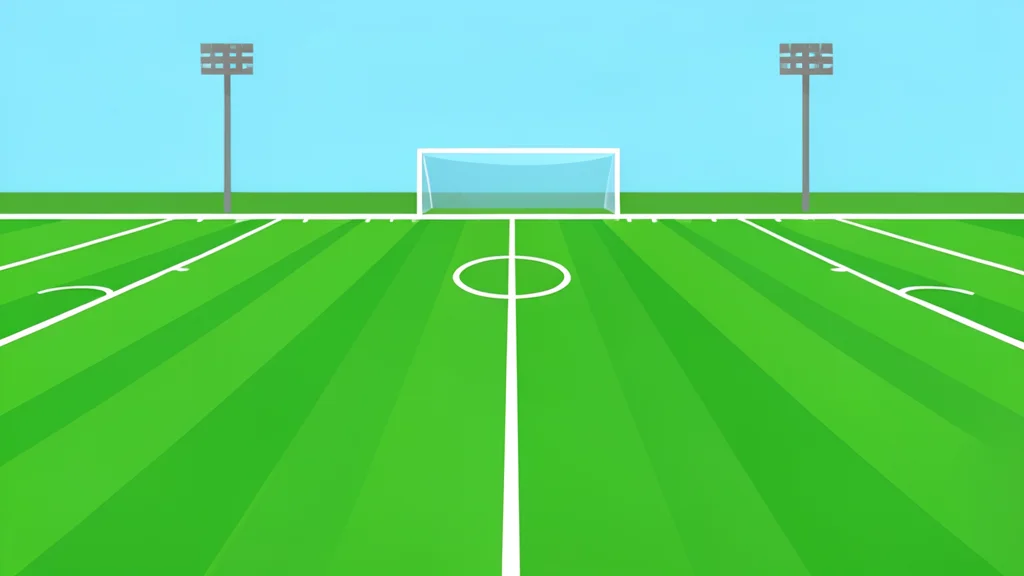 A green football field with white yard lines and goalposts in the distance