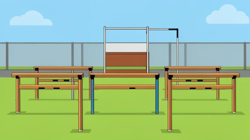 A modern pentathlon obstacle course with wooden hurdles and a shooting range backdrop
