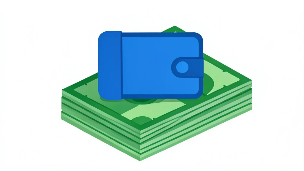 A digital wallet icon resting on a stack of physical banknotes