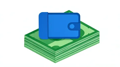 A digital wallet icon resting on a stack of physical banknotes