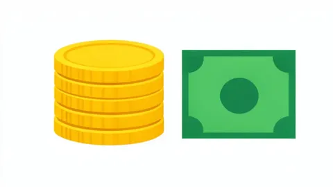 A stack of gold coins positioned beside a green banknote on a plain surface
