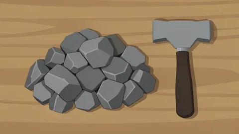 A raw pile of metallic ore chunks and a geological hammer resting on a wooden surface
