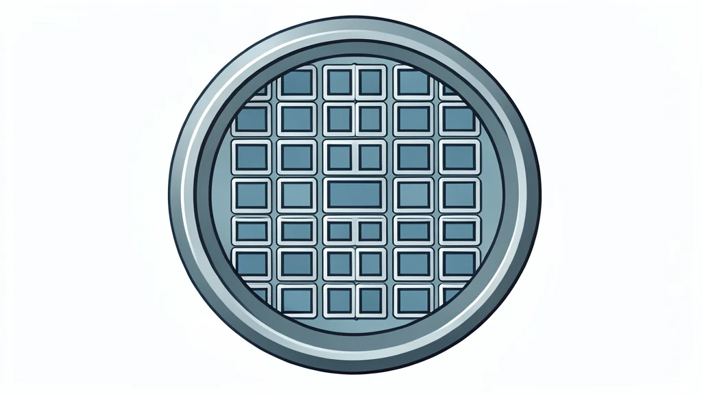 A close-up view of a silicon wafer with a grid of square chips