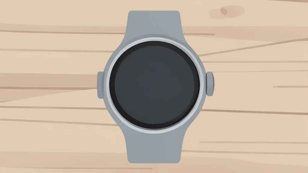 A modern smartwatch with a round face and a rotating crown resting on a wooden surface