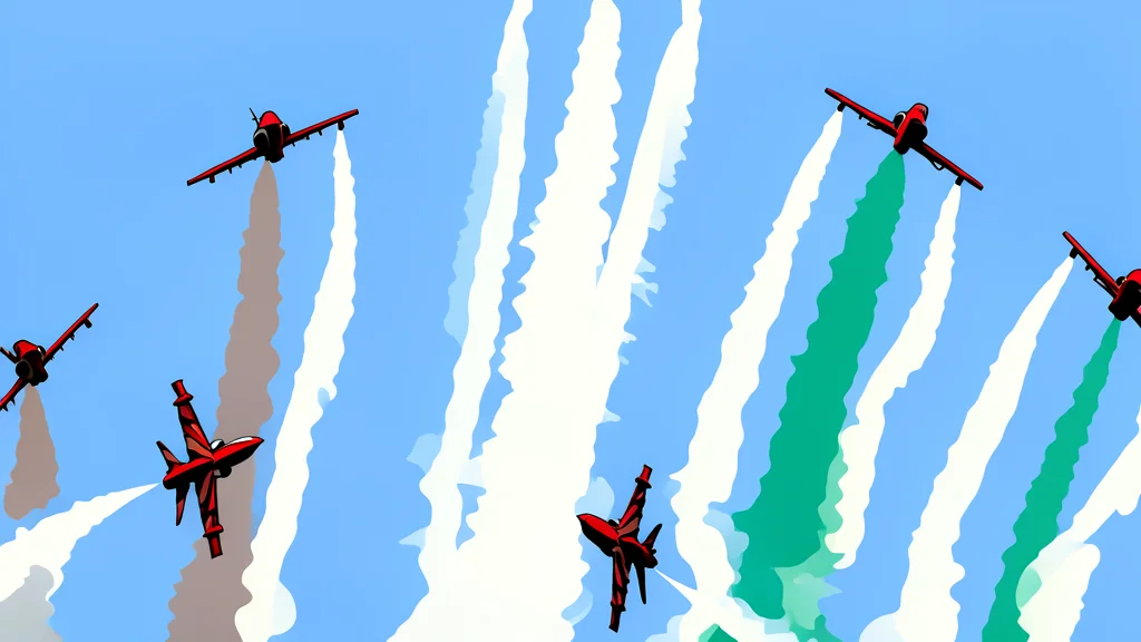 A formation of jet aircraft flying in a tight line against a clear blue sky, leaving trails of white smoke.