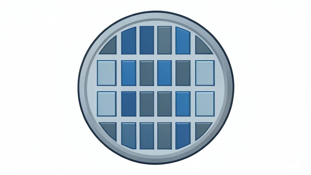A close-up view of a silicon wafer with a grid of integrated circuits