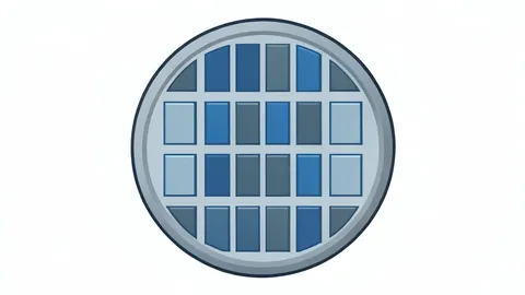 A close-up view of a silicon wafer with a grid of integrated circuits