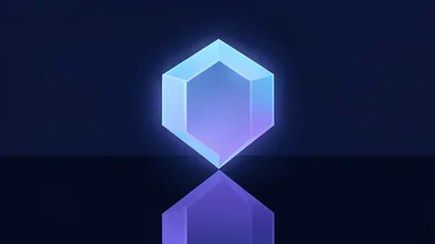 A glowing, translucent hexagonal crystal structure floating above a dark, reflective surface