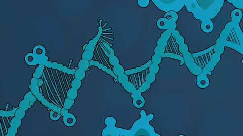 A microscopic view of a double helix structure with a small, distinct protein complex attached to one strand