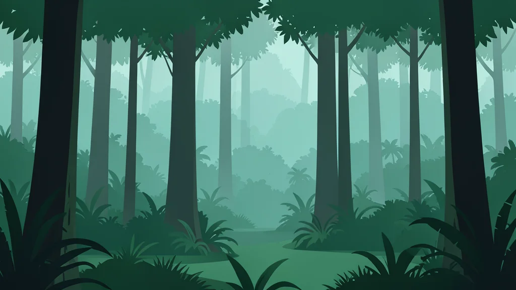 A dense, misty tropical rainforest canopy with tall tree trunks rising into the fog