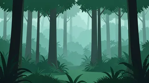 A dense, misty tropical rainforest canopy with tall tree trunks rising into the fog