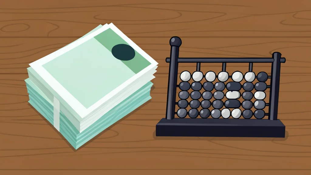 A stack of paper currency and a mechanical abacus on a wooden desk