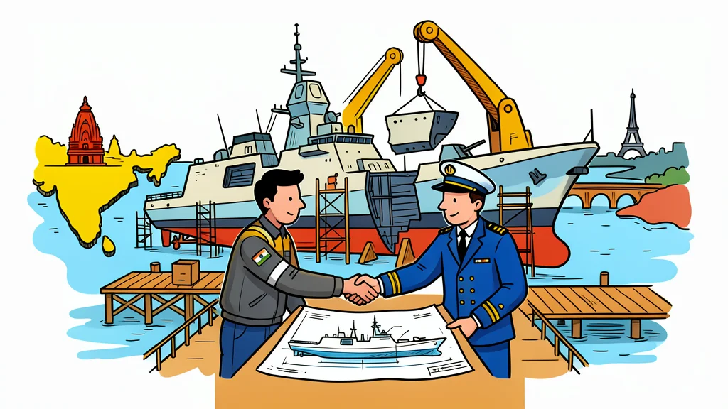 A stylized vector illustration of a modern naval shipyard with large cranes and steel hulls under construction.