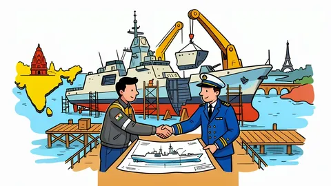 A stylized vector illustration of a modern naval shipyard with large cranes and steel hulls under construction.