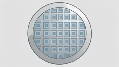 A close-up flat-vector illustration of a silicon wafer featuring a grid of square integrated circuits.