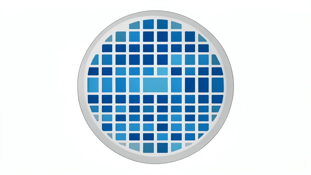 A close-up view of a silicon wafer with a grid of square chips