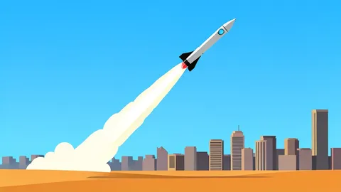 A stylized vector illustration of a missile trajectory arcing over a simplified desert city skyline under a clear blue sky.
