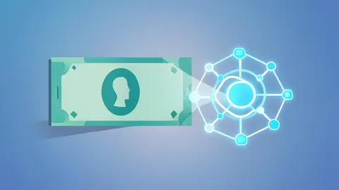 A flat vector illustration of a traditional banknote merging into a glowing blockchain network node.