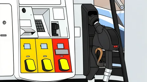 A long line of cars waiting at a fuel pump under a bright sky
