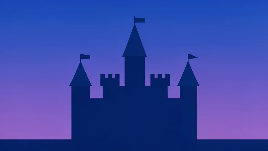 A stylized castle silhouette against a twilight sky