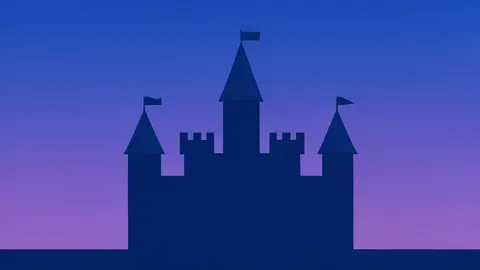 A stylized castle silhouette against a twilight sky