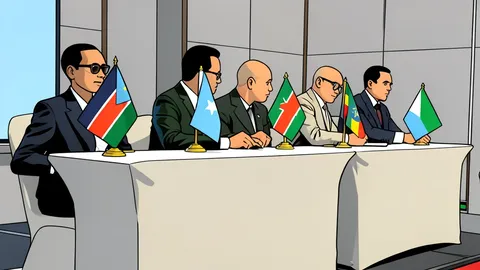 A round conference table with microphones and water glasses in a modern meeting room overlooking a city skyline.