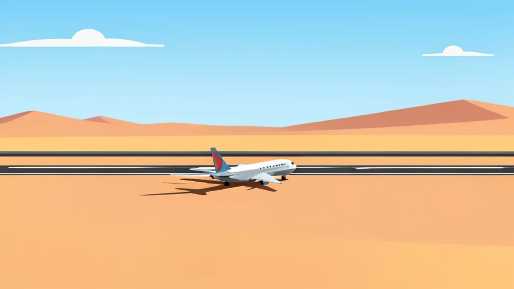 A flat-vector illustration of a desert landscape with a distant airport runway and a single aircraft on the tarmac.