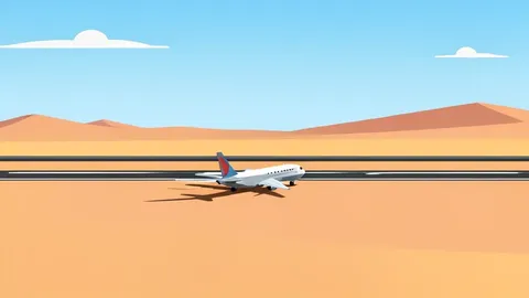 A flat-vector illustration of a desert landscape with a distant airport runway and a single aircraft on the tarmac.
