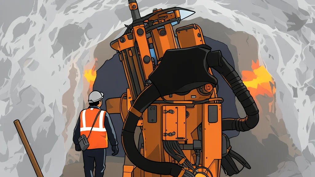 An underground mine tunnel featuring heavy drilling machinery against rock walls