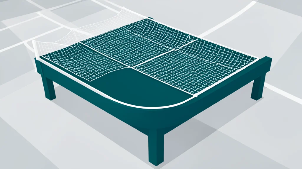 A flat-vector illustration of a curved teqball table with a net, positioned on a smooth indoor sports floor.