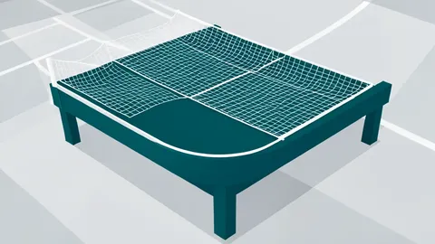 A flat-vector illustration of a curved teqball table with a net, positioned on a smooth indoor sports floor.