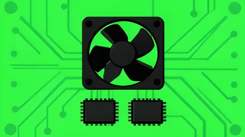 A flat vector illustration of a green circuit board featuring a black cooling fan and memory chips.