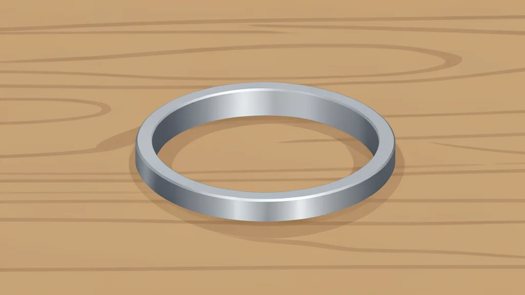 A small, smooth titanium band resting on a wooden surface