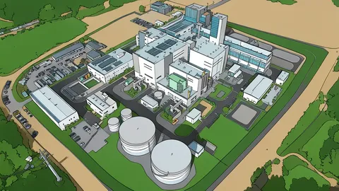 A large industrial gas turbine engine and steam pipes in a power plant facility