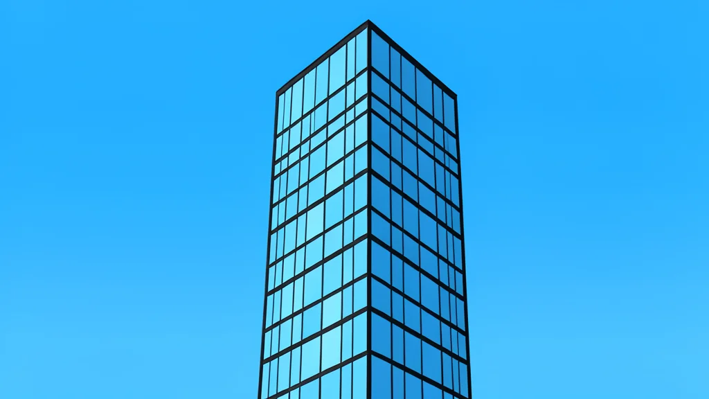 A modern glass skyscraper reflecting a clear blue sky