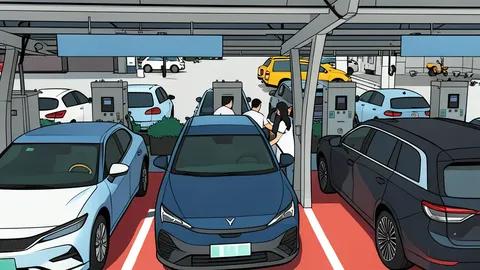 A white electric vehicle plugged into a charging station in a parking lot