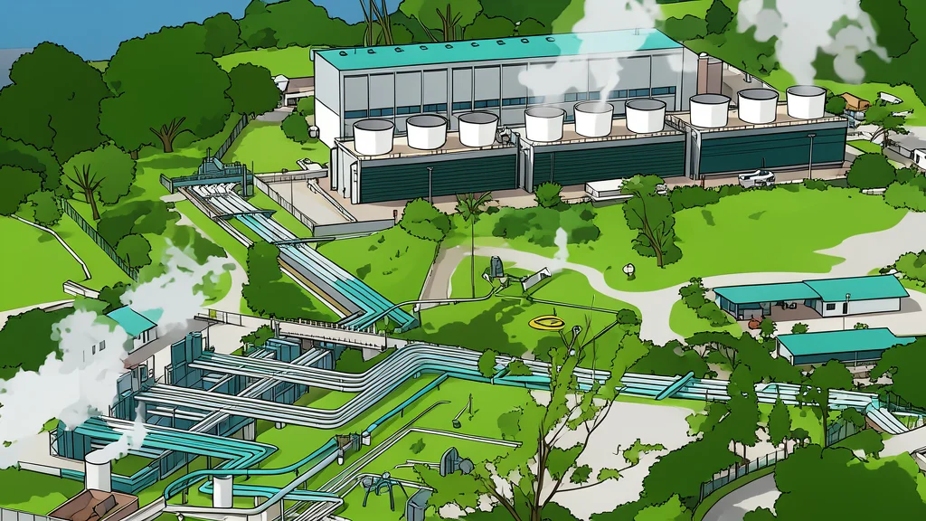A geothermal power plant with steam rising from vents into the sky