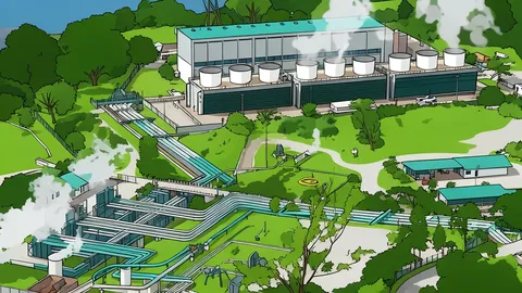 A geothermal power plant with steam rising from vents into the sky