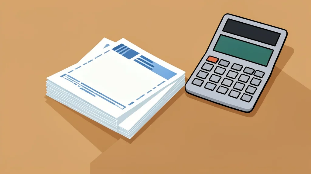 A stack of physical government bond certificates resting on a wooden desk next to a calculator