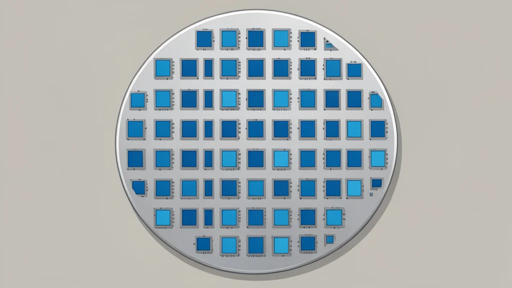 A close-up view of a silicon wafer with a grid of square chips