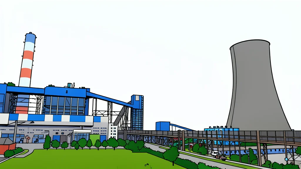 A large industrial cooling tower structure with steam rising from the top, set against a clear sky