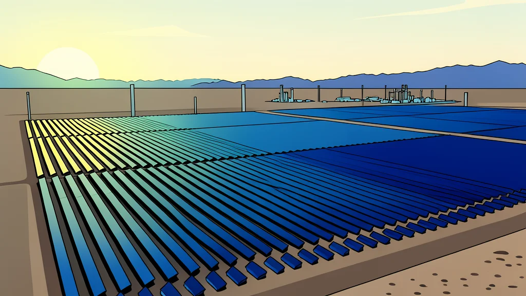 A field of large, dark blue photovoltaic panels arranged in rows under a clear sky