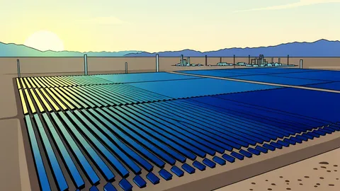 A field of large, dark blue photovoltaic panels arranged in rows under a clear sky