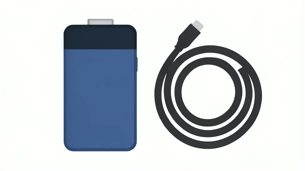 A stylized smartphone battery cell and a coiled charging cable in flat vector style